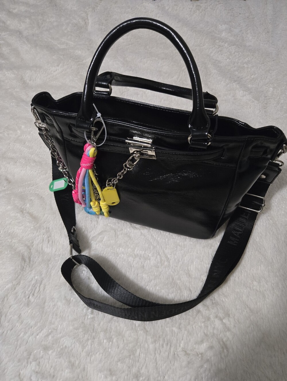 New York & Company Black Shoulder Bag with Colorful Tassel Charm